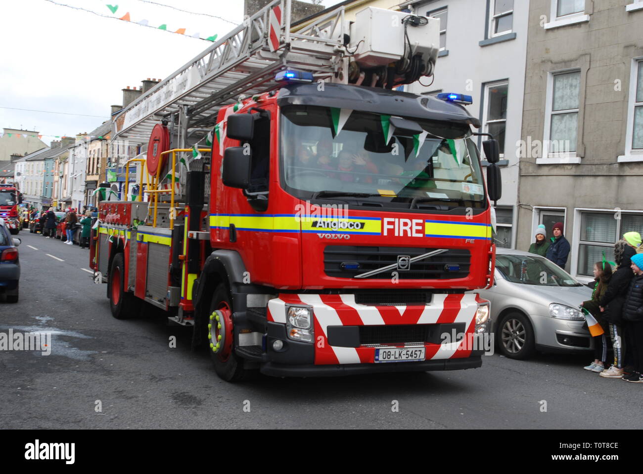 Fire Service Volvo Ariel Ladder Platform (ALP) in Rathkeale Fire Station, Rathkeale, Co. Limerick. Ireland Stock Photo