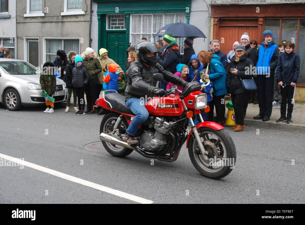 Suzuki Motorcycle in a St. Patricks Day Parade, Rathkeale, County Limerick, Ireland. Stock Photo