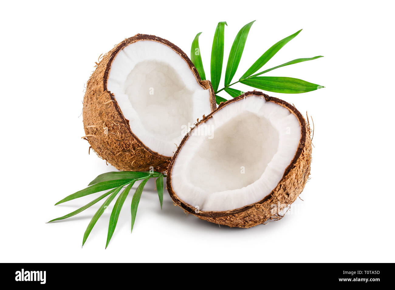 half of coconut with leaves isolated on white background Stock Photo