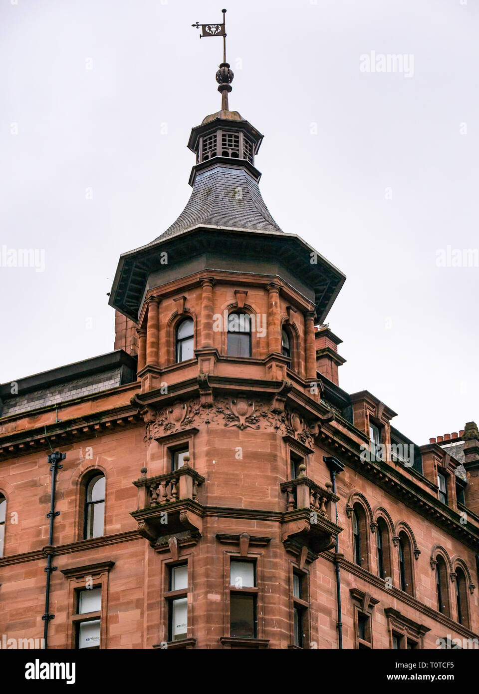 Corner Victorian cupola, Baltic Chambers B listed red sandstone building, Wellington Street, Glasgow, Scotland, UK Stock Photo