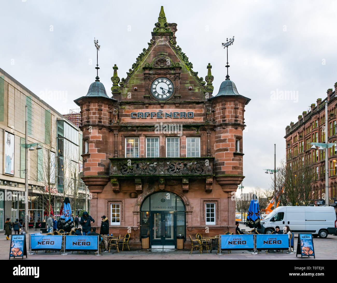 Old Victorian building, former subway entrance now Caffe Nero coffee shop, St Enoch Square, Glasgow, Scotland, UK Stock Photo