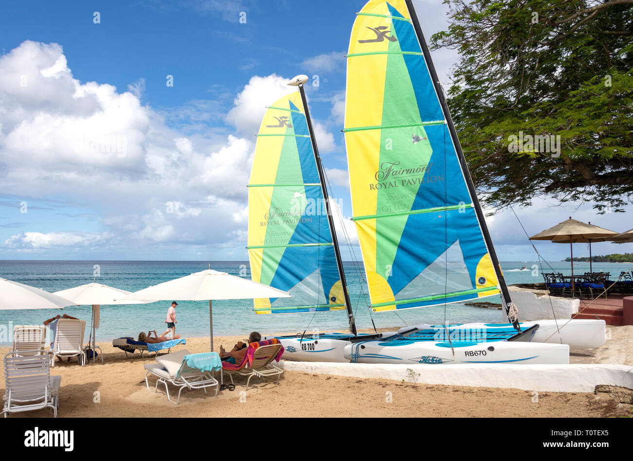 Catamarans on Alleynes Bay Beach (Fairmont Royal Pavilion Hotel), Holetown, St James's Parish, Barbados, Lesser Antilles, Caribbean Stock Photo