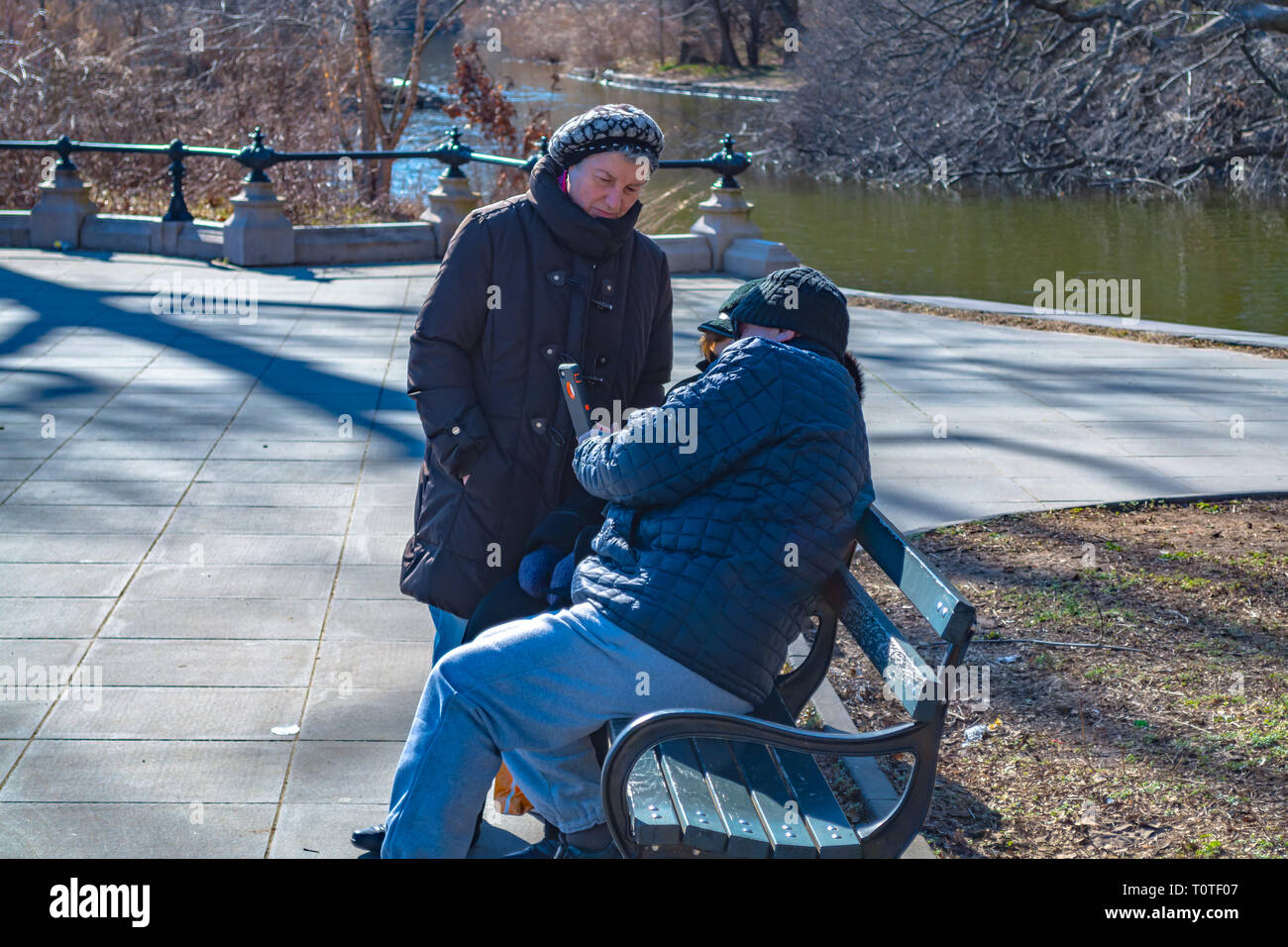 Man is showing something on his smartphone to two elderly women in the park. Stock Photo