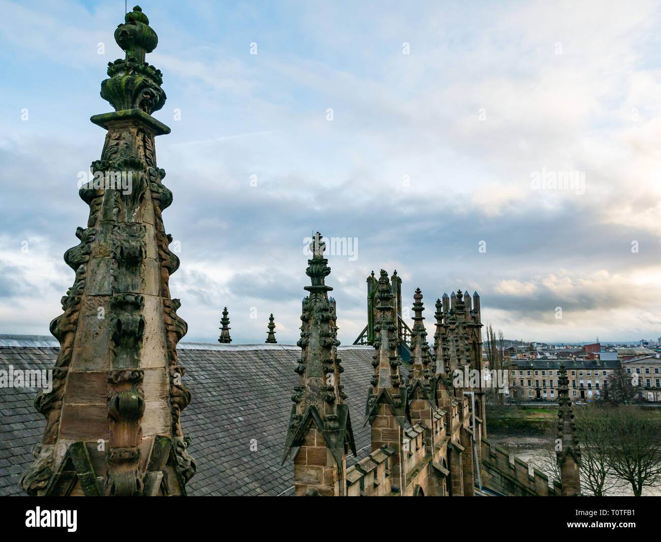 Rooftop view or spires of Metropolitan Curia of Archdiocese of Glasgow overlooking Clyde River, Scotland, UK Stock Photo