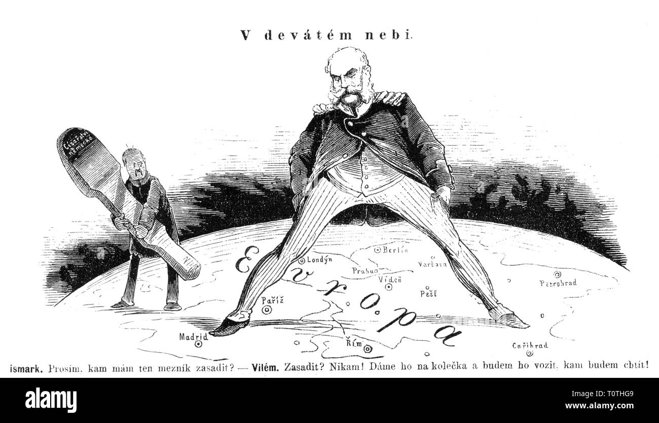 politics, foundation of the German Empire, caricature, fear of a further expansion of Germany, King William I. doing splits from Madrid to Constantinople, 'In the Ninth Heaven', drawing, 'Humoristicke Listy', Prague, February 1871, Additional-Rights-Clearance-Info-Not-Available Stock Photo