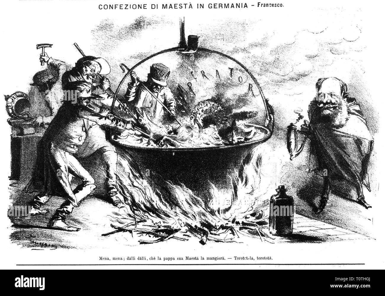 politics, foundation of the German Empire, caricature, the German princes stirring the Emperor Soup, Preparation of the Majesty in Germany', 'Lo Spirito Foletto', Milan, 15.12.1870, Additional-Rights-Clearance-Info-Not-Available Stock Photo