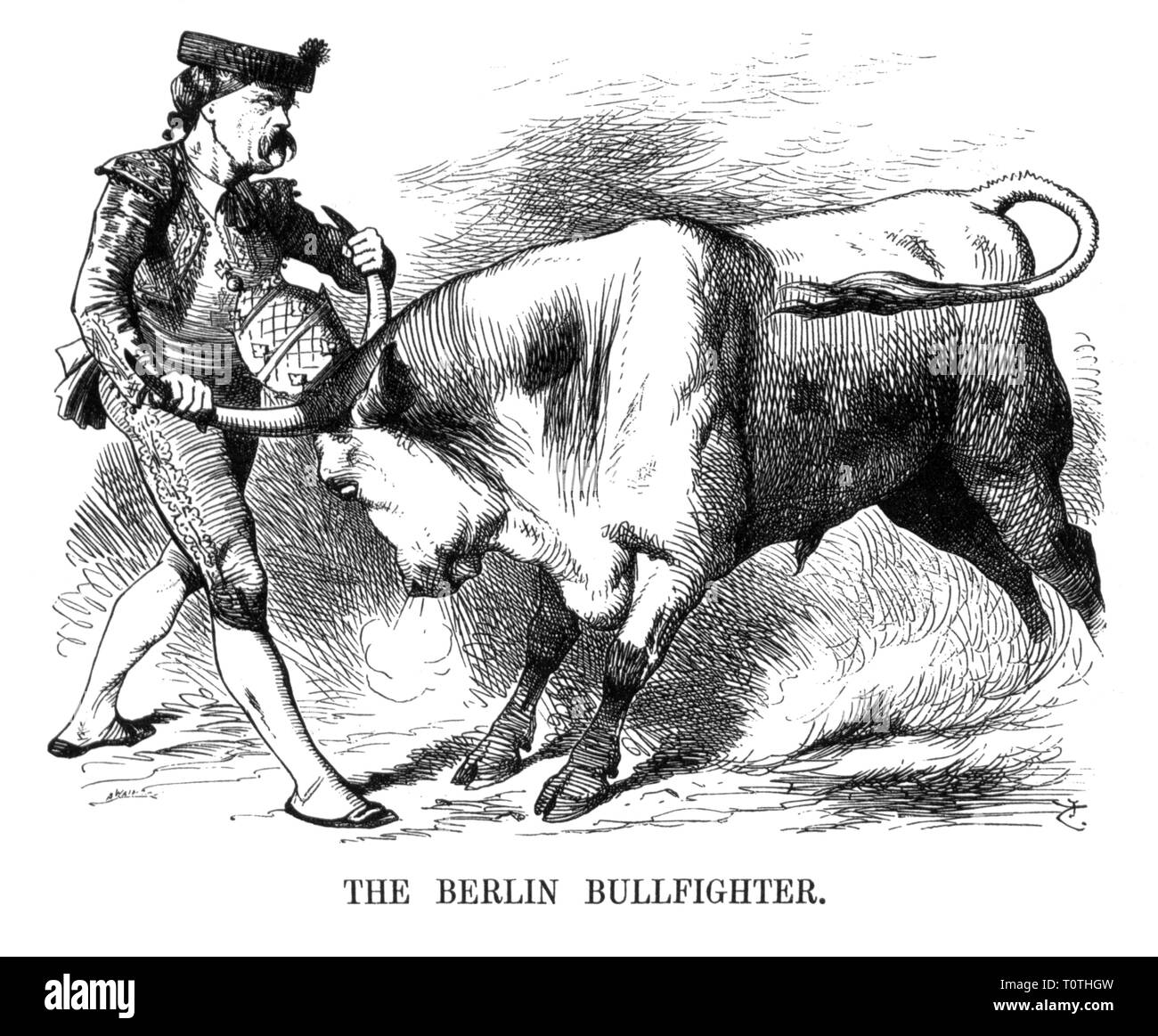 politics, Kulturkampf, caricature, torero Otto von Bismarck has the papal bull by the horns, 'The Berlin bullfighter', drawing by John Tenniel, 'Punch', London, 17.4.1875, Additional-Rights-Clearance-Info-Not-Available Stock Photo