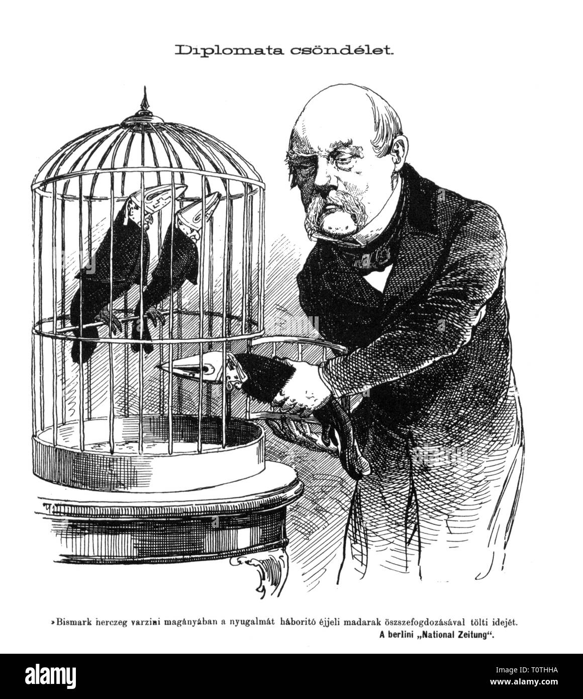 politics, Kulturkampf, caricature, in his leisure time Bismarck is capturing nocturnal birds which disturb his ease, 'Diplomat Still Life', drawing, 'Borsszem Janko', Budapest, 25.7.1875, Additional-Rights-Clearance-Info-Not-Available Stock Photo