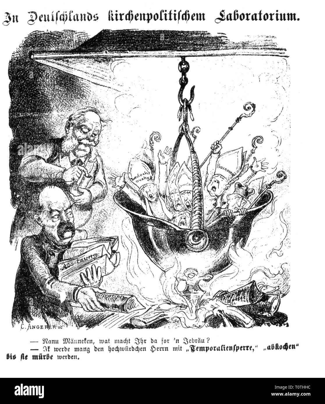 politics, Kulturkampf, caricature, Bismarck is soft-boiling restife bishops, 'In Germany's church policy laboratory', drawing, 'Kikeriki', Vienna, December 1873, Additional-Rights-Clearance-Info-Not-Available Stock Photo