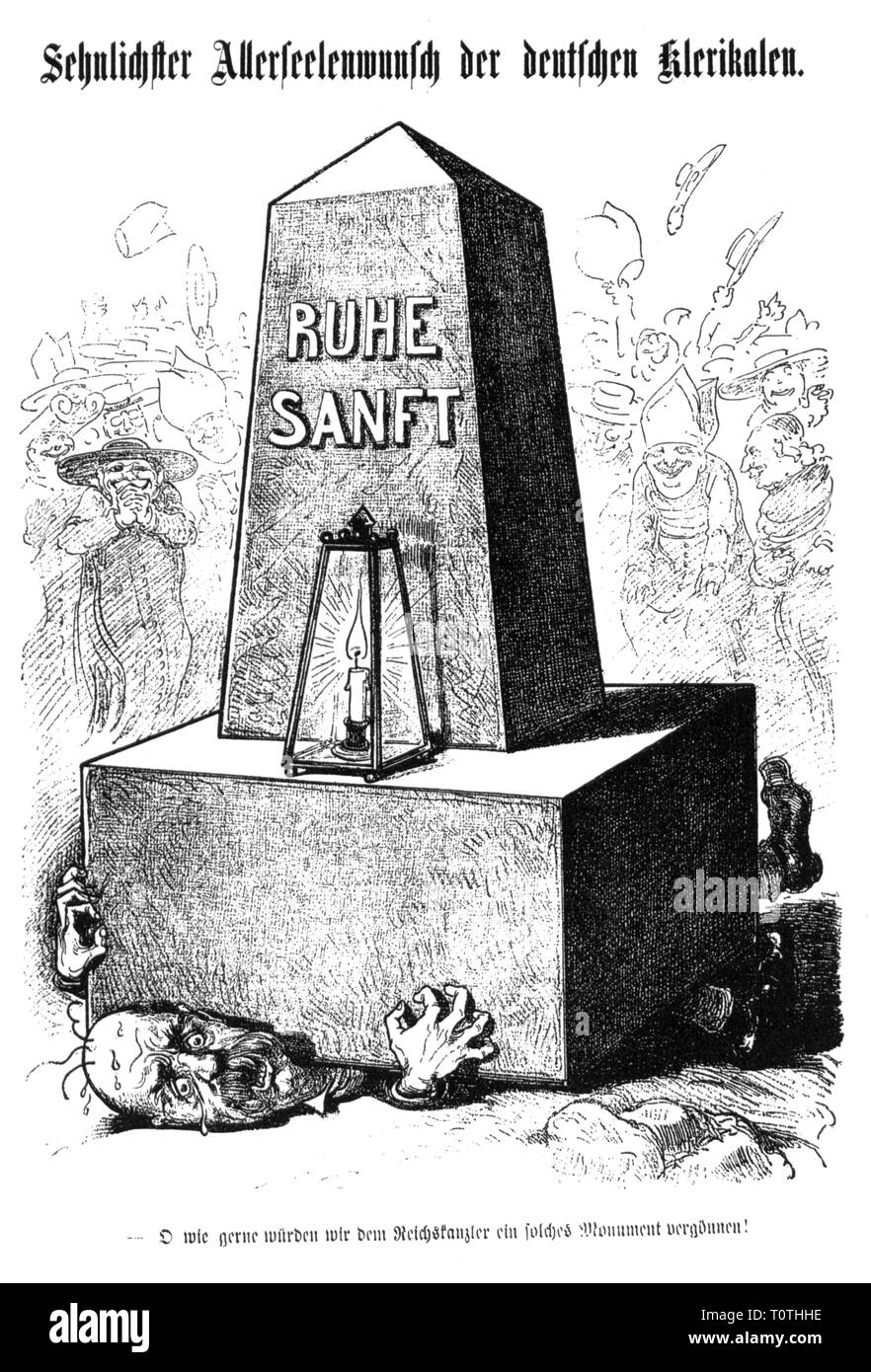 politics, Kulturkampf, caricature, Bismarck is crushed by a gravestone, 'Most fervent wish the German clericals', drawing, 'Kikeriki', Vienna, November 1875, Additional-Rights-Clearance-Info-Not-Available Stock Photo