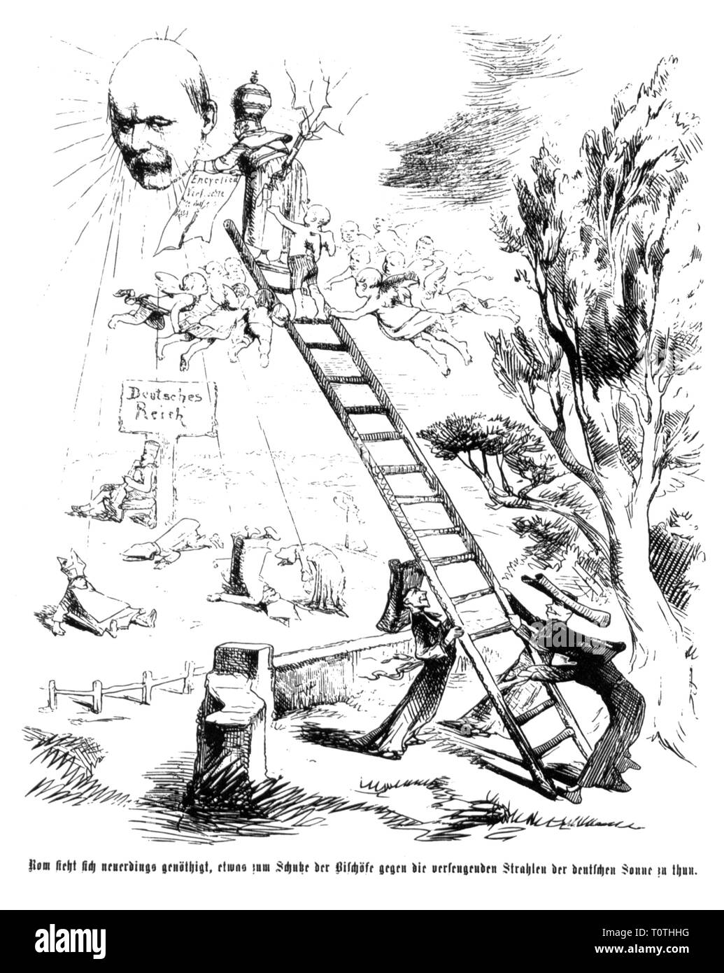 politics, Kulturkampf, May laws, caricature, Jesuits holding a ladder, on top stands Pope Pius IX, Bismarck as German sun, 'Rome's counter-reaction', drawing, 'Figaro', Vienna, 6.3.1875, Additional-Rights-Clearance-Info-Not-Available Stock Photo