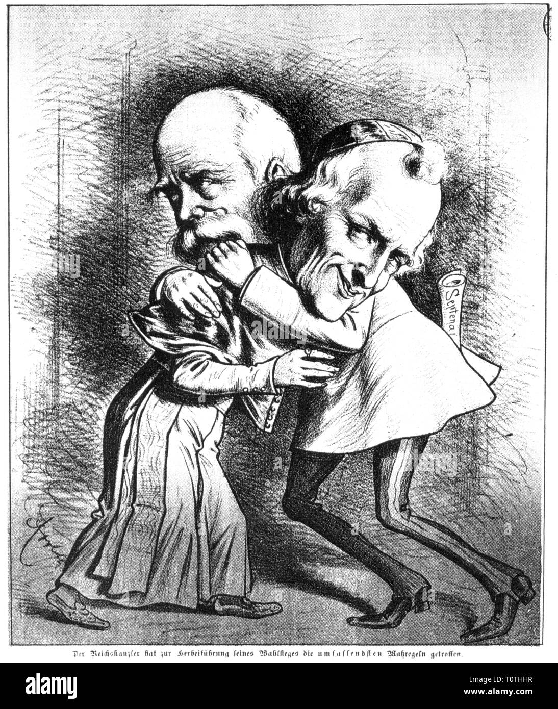 politics, Kulturkampf, caricature, Otto von Bismarck and Pope Leo XIII are embracing each other, 'Election measures of Bismarck', drawing, 'Humoristische Blätter', Vienna, 13.2.1887, Additional-Rights-Clearance-Info-Not-Available Stock Photo
