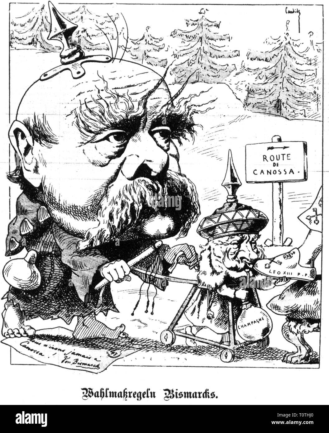 politics, Kulturkampf, caricature, Otto von Bismarck on the way to Canossa, 'The Never of Bismarck', drawing, Paris, June 1886, Additional-Rights-Clearance-Info-Not-Available Stock Photo