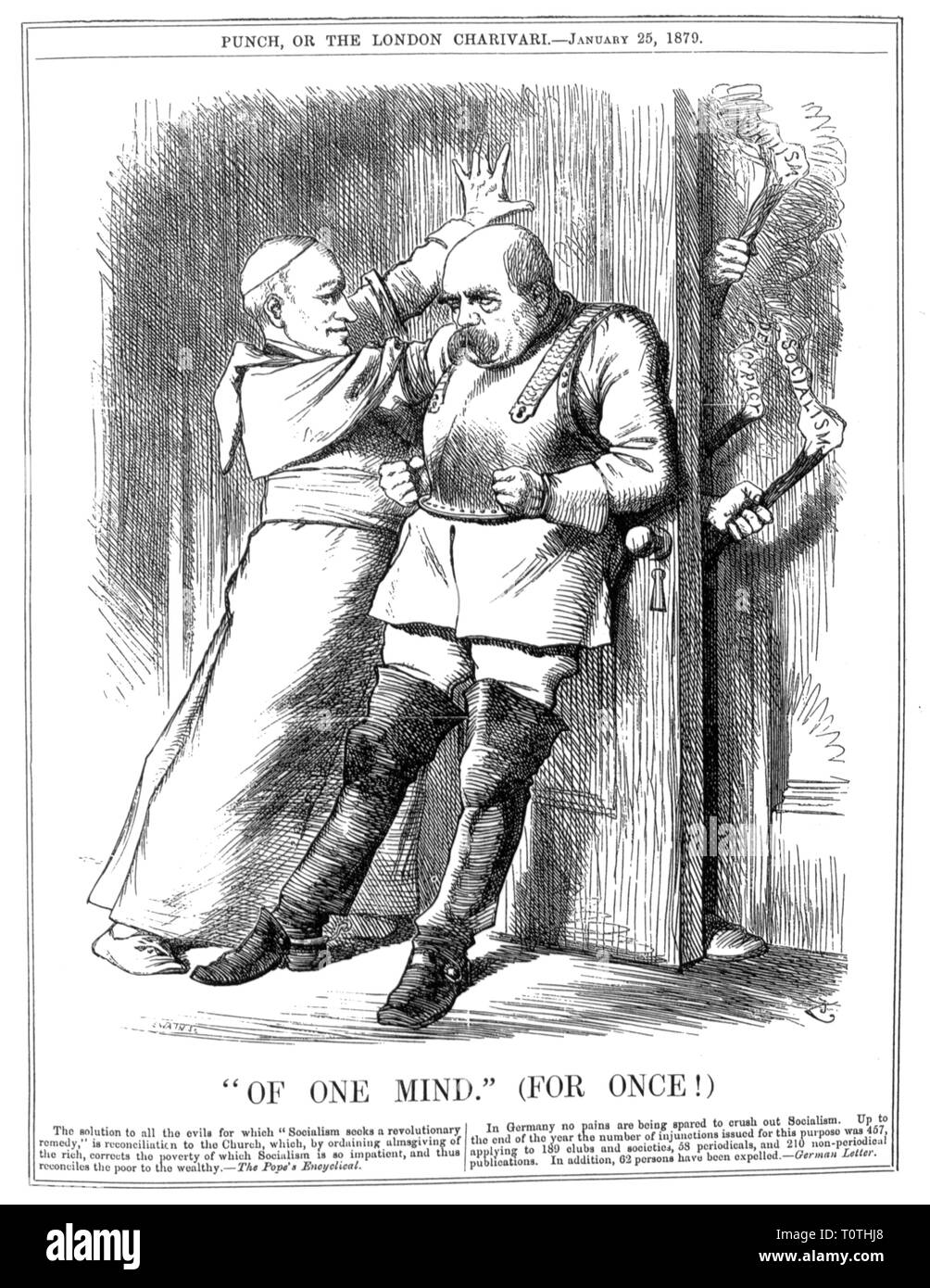 politics, Anti-Socialist Law, caricature, Otto von Bismarck and Pope Leo XIII are keeping the door closed, 'One mind (for once), drawing by John Teniel, 'Punch', London, 25.1.1879, Additional-Rights-Clearance-Info-Not-Available Stock Photo