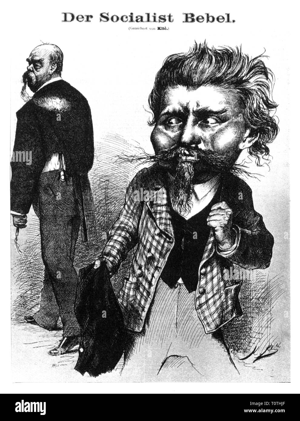 politics, Anti-Socialist Law, caricature, August Bebel has ripped of a tails lap from Otto von Bismarck, 'The socialist Bebel', drawing, Vienna, September 1878, Additional-Rights-Clearance-Info-Not-Available Stock Photo
