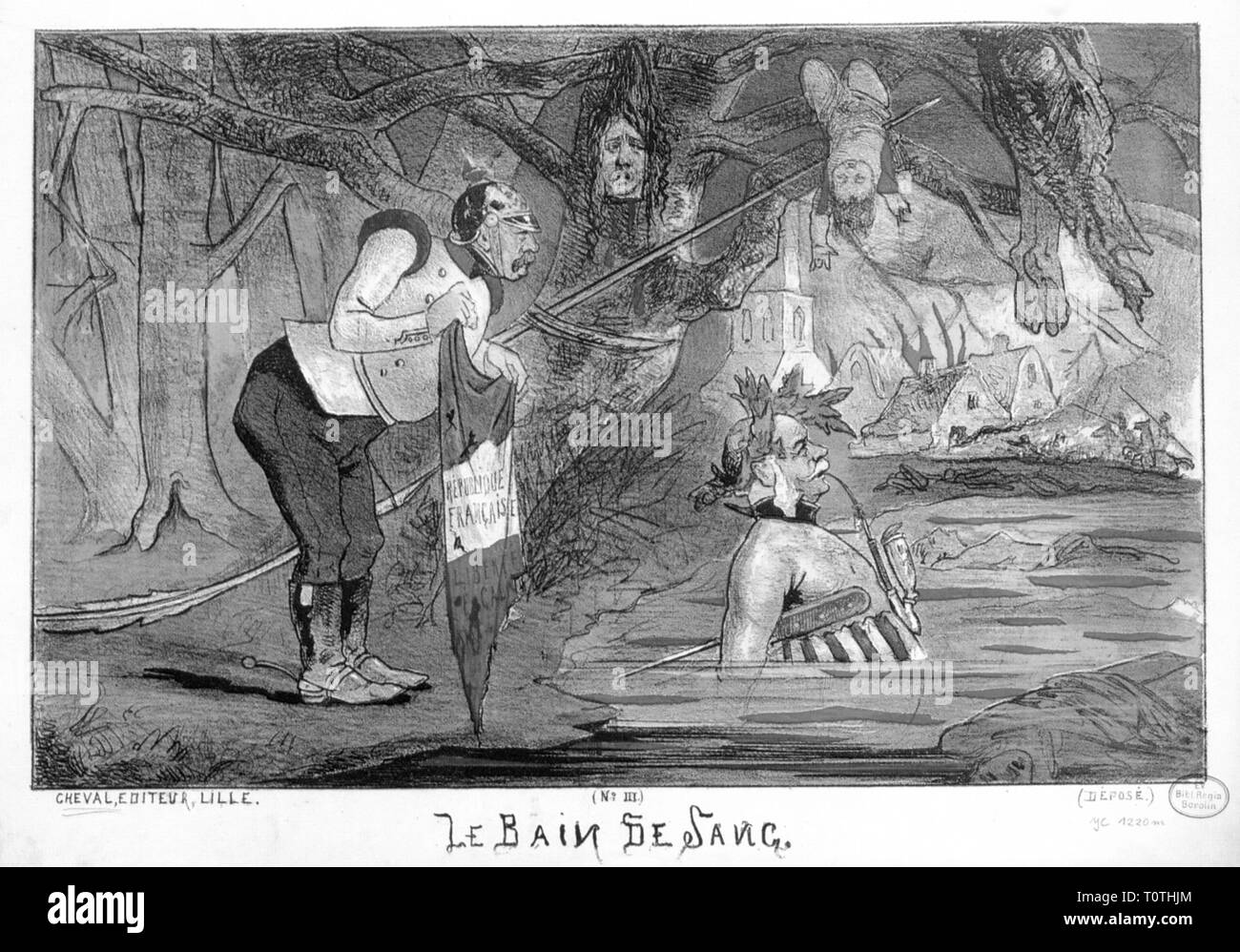 Franco-Prussian War 1870 - 1871, caricature, 'The carnage', broadsheet, printed by Chaval, 1870, satire, cartoon, cartoons, French press, France, Third Republic, king of Prussia, William I, House of Hohenzollern, Otto von Bismarck, lakes, blood, blood lake, French flag, dead body, dead bodies, corpse, corpses, head, heads, bloody, bloodbath, carnage, slaughter, massacre, massacres, burning village, fire, war crime, war crimes, German, Franco, people, men, man, male, manly, 19th century, war, wars, caricature, caricatures, broadsheet, broadside, h, Additional-Rights-Clearance-Info-Not-Available Stock Photo