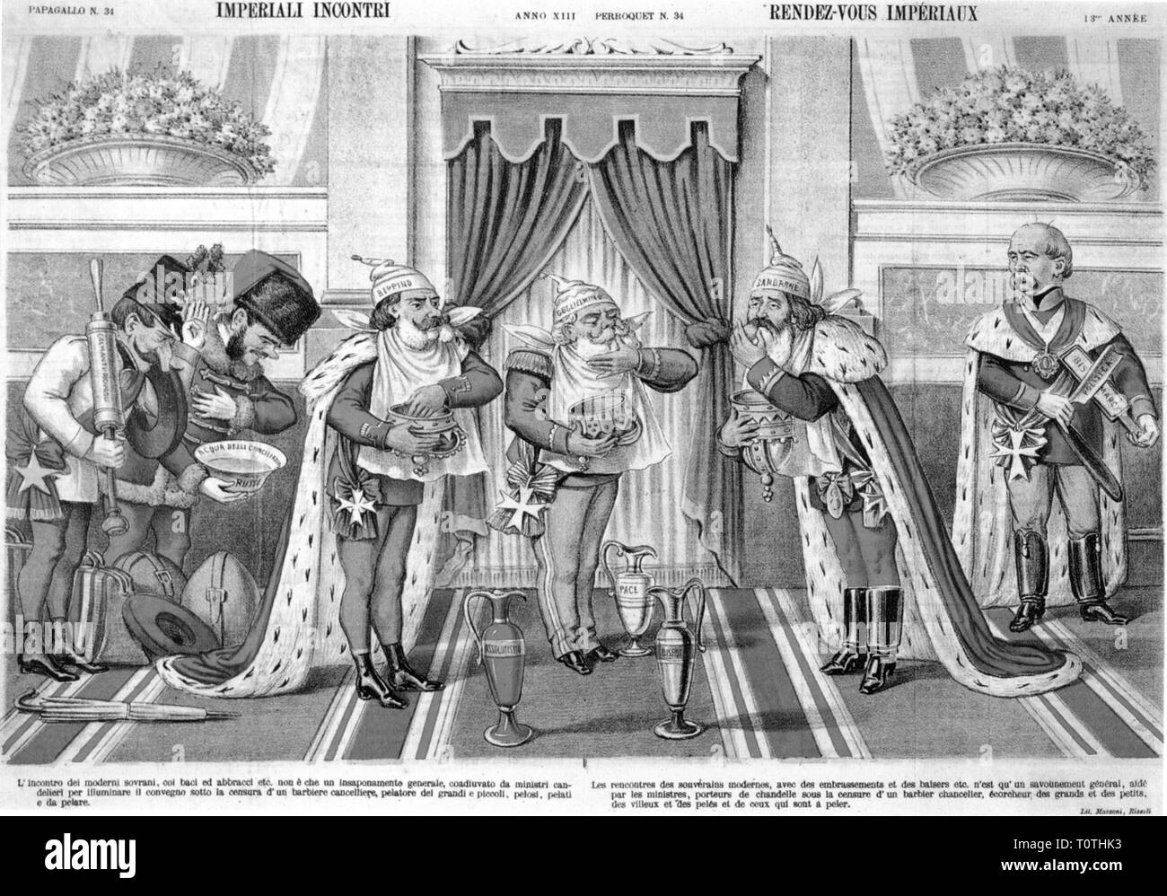 politics, Three Emperors' League, Franz Joseph I ('Beppino'), William I ('Gugielmino') and Alexander III ('Sandrone') eating, 'The Meeting the Emperors', chromolithograph, Torino, 20.8.1885, Additional-Rights-Clearance-Info-Not-Available Stock Photo