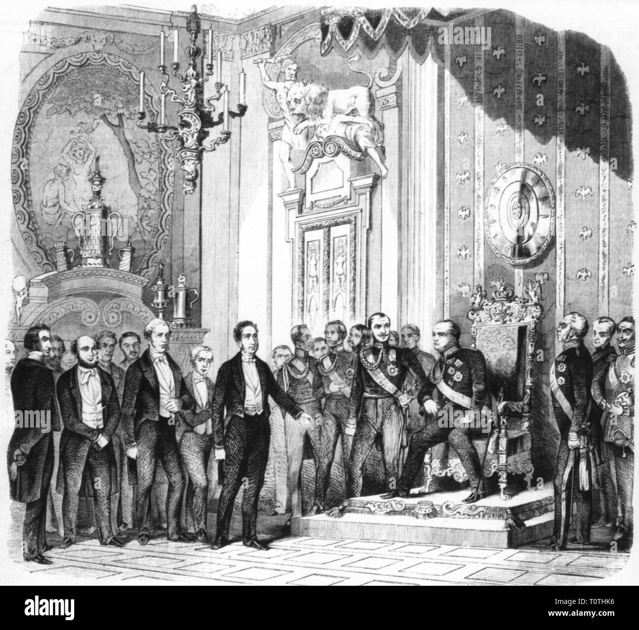 Revolutions 1848 - 1849, Germany, Kaiserdeputation, representatives of the Frankfurt National Assembly offering the Prussian king Frederic William IV the German imperial crown, Berlin, 3.4.1849, wood engraving, 19th century, Heinrich von Gagern, Eduard Simson, prince William (I.), House of Hohenzollern, Kingdom of Prussia, castle, castles, city palace, city palaces, politics, policy, delegation, delegations, deputation, offering, March Revolution, parliament, parliaments, monarchy, monarchies, imperial dignity, German Confederation (1815-1866), G, Additional-Rights-Clearance-Info-Not-Available Stock Photo