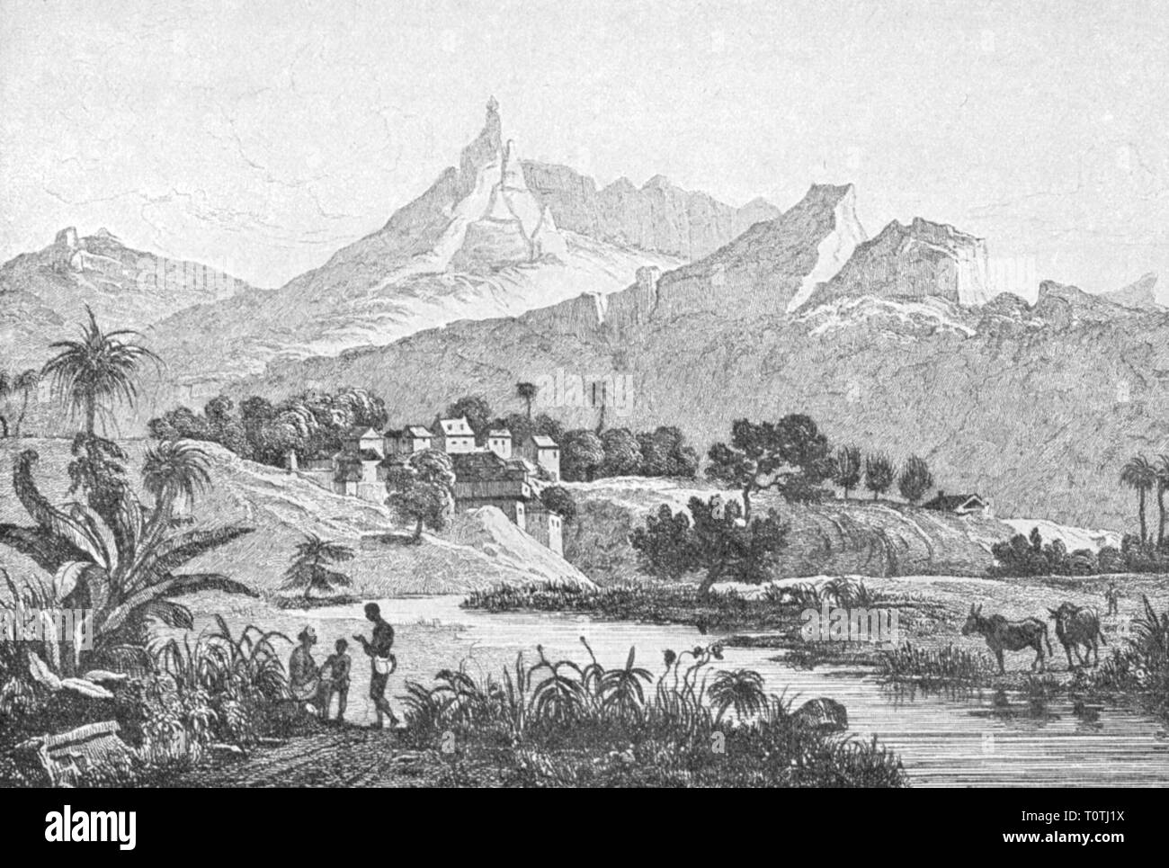 geography / travel historic, Mauritius, landscape, engraving by Bellence, 19th century, isle, islands, mounts, mount, mountains, mountain, river, rivers, village, villages, people, animals, animal, Great Britain, British colony, Mascarene Islands, Africa, landscape, landscapes, historic, historical, Additional-Rights-Clearance-Info-Not-Available Stock Photo