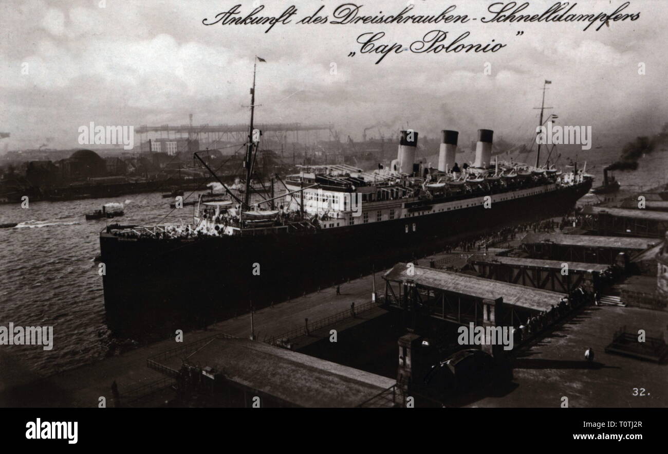 transport / transportation, navigation, steamship, Cap Polonio, Hamburg South America Steam Line, exterior view, picture postcard, 1920s, Additional-Rights-Clearance-Info-Not-Available Stock Photo