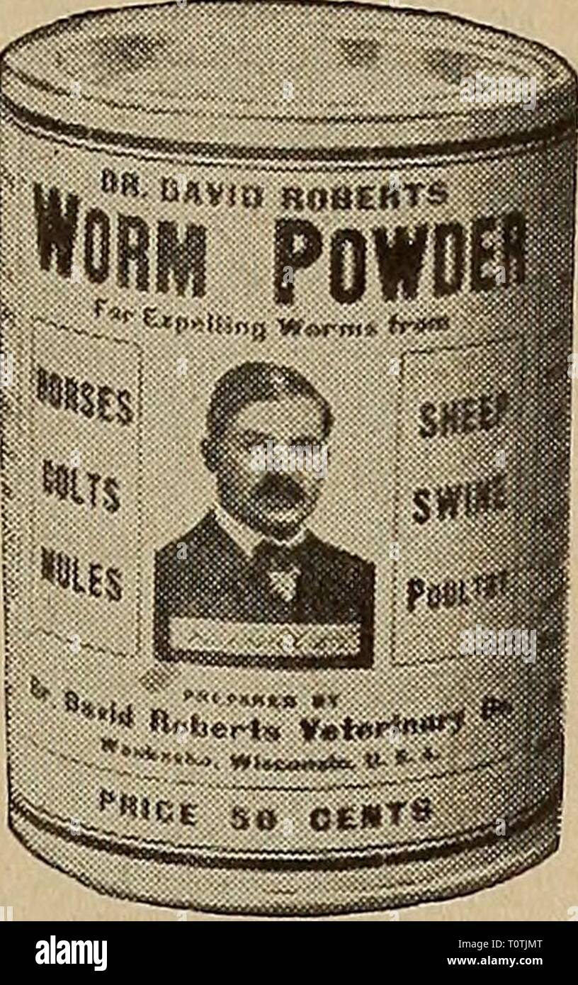 Dr David Roberts practical home Dr. David Roberts practical home veterinarian  drdavidrobertsp00robe Year: 1906  165 DR. DAVID ROBERTS Worm Powder One Pound Can    Price 50 Cents An Effective Remedy for Expelling and Freeing Animals of Stomach and Intestinal Worms of all Kinds. Put up in air-tight cans with friction top, which preserves contents and makes it easy to remove. SYMPTOMS. Slight colicky pains are noticed at times, or there may be only switching of the tail, frequent passage of manure, itching of the anus, or rubbing of the tail or rump against the stall or fences. The horse is in p Stock Photo