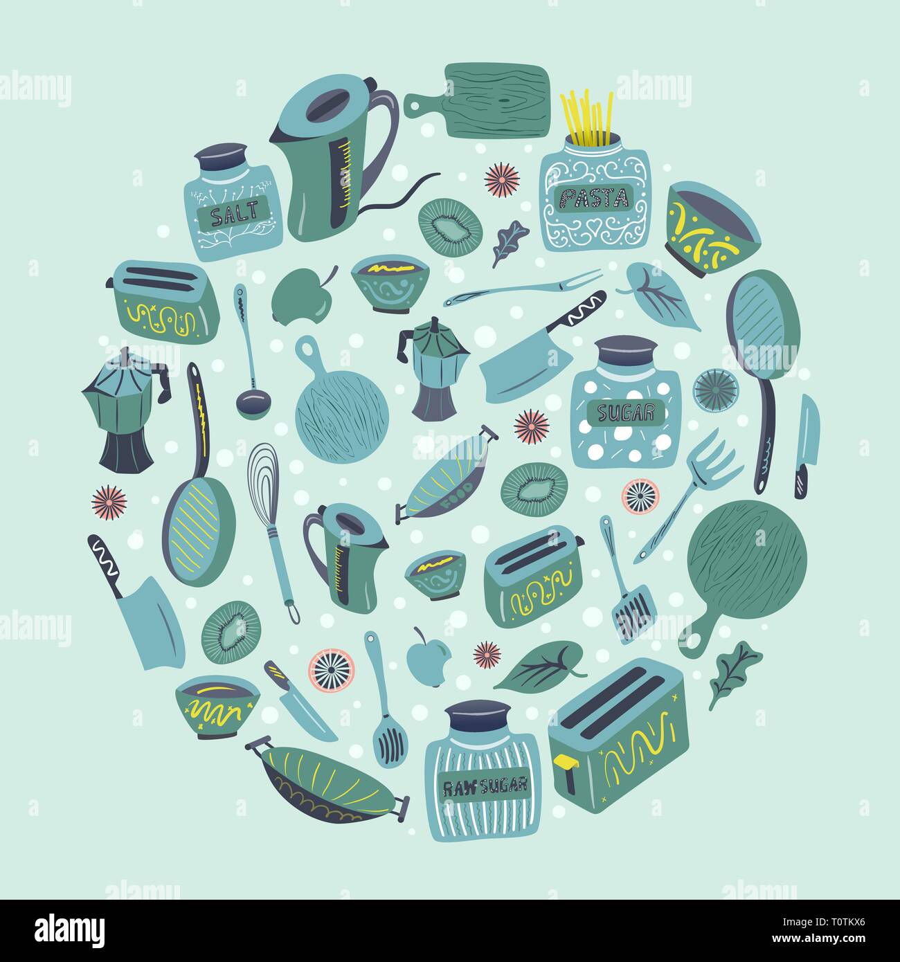 Set of hand drawn kitchen utensils and appliances arranged in a circle