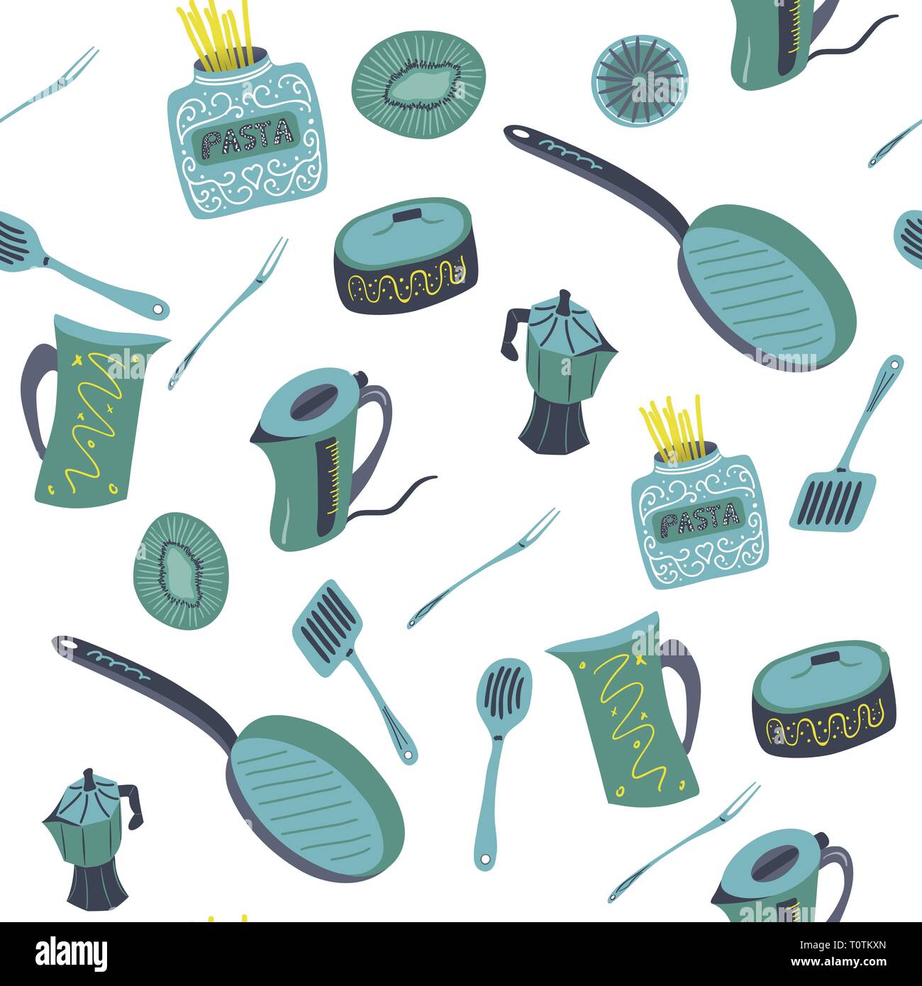 Kitchen stuff seamless pattern hand drawn illustration Stock Vector