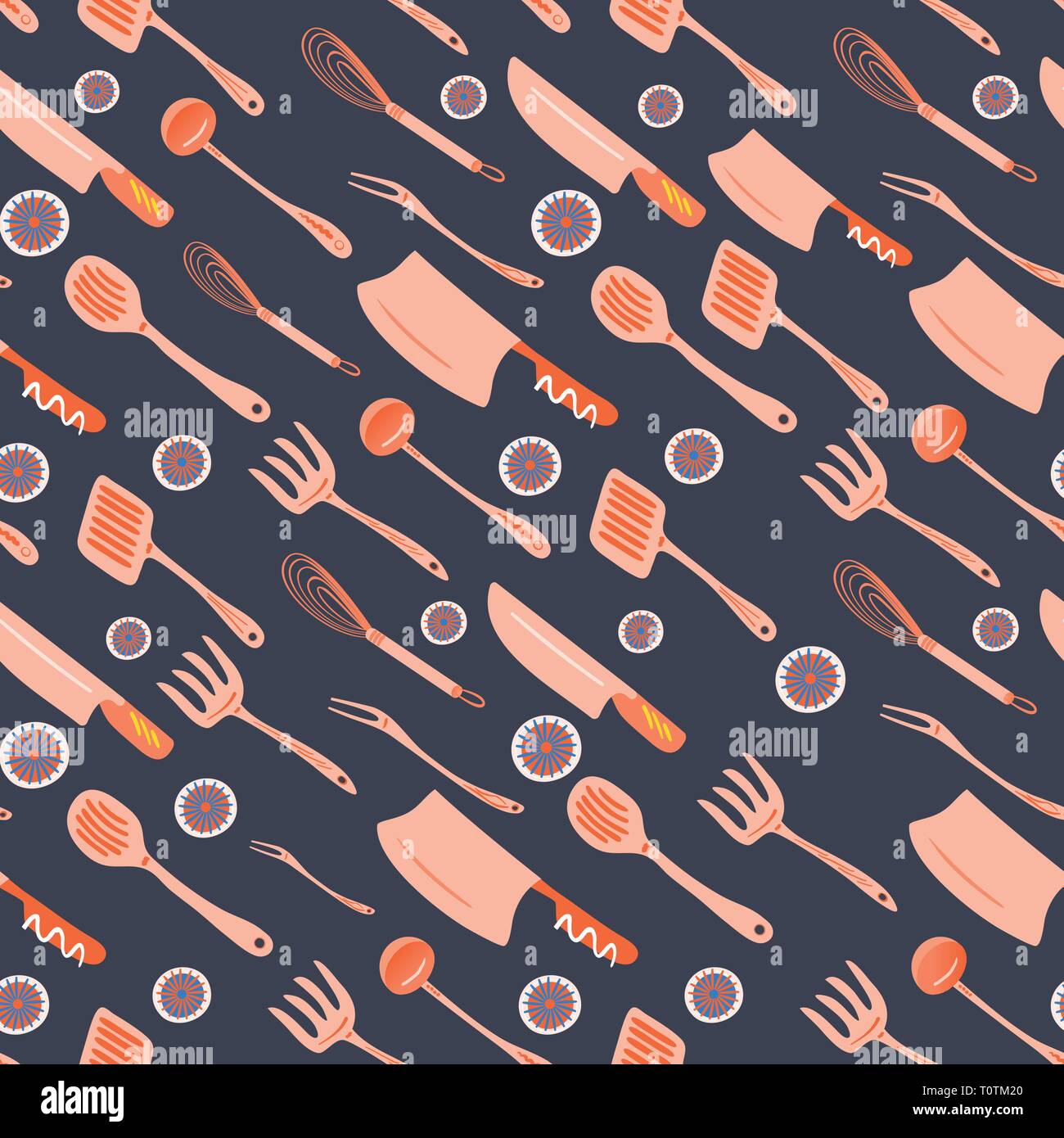 Kitchen utensils hand drawn cartoon style seamless pattern Stock Vector