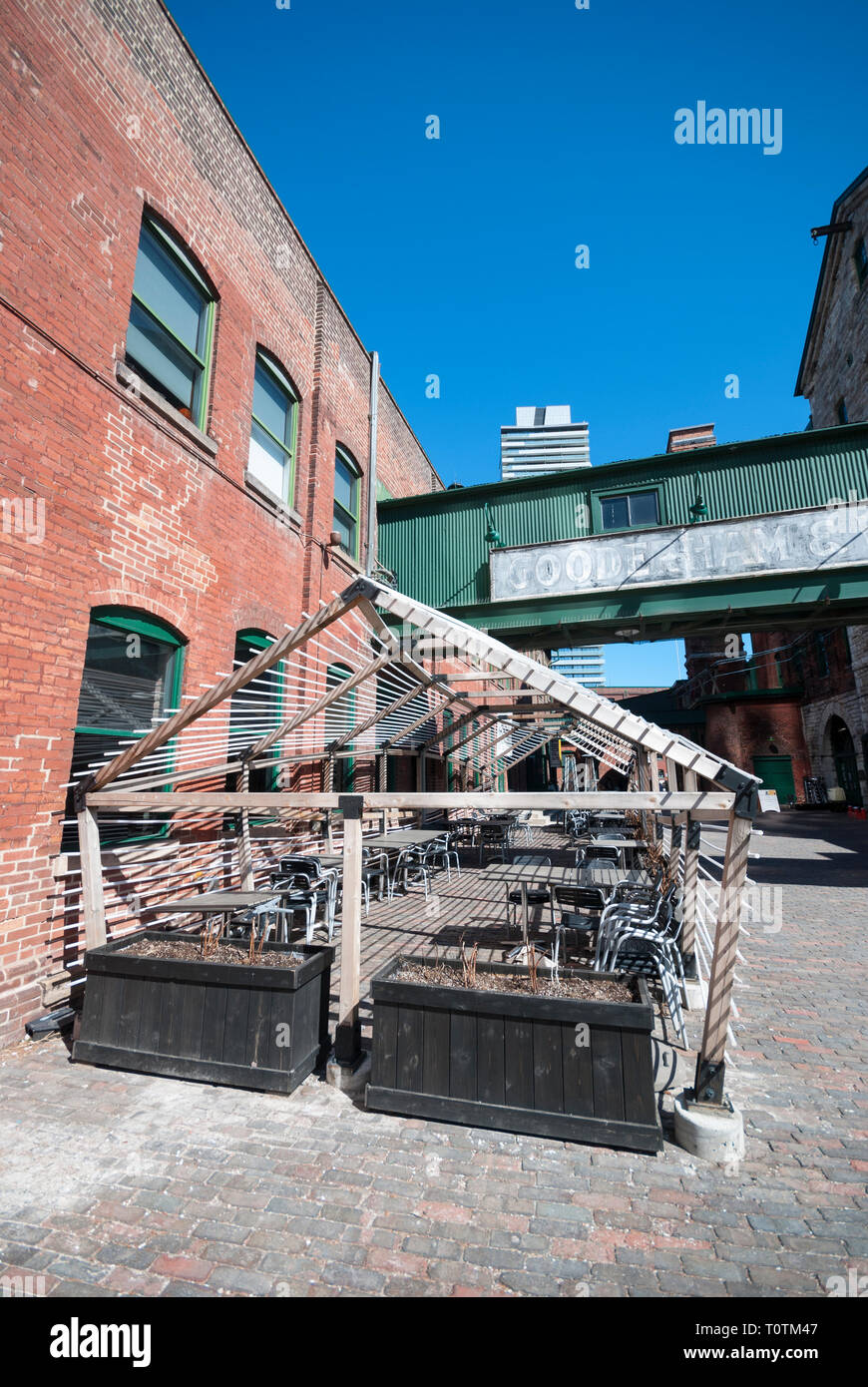 An outdoor restaurant patio at the historic Distillery district in