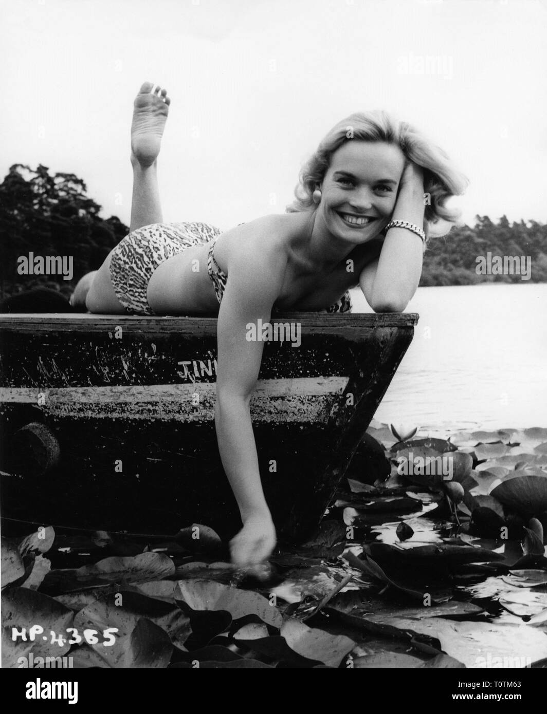 SHIRLEY EATON British actress in bikini in boat on lake circa 1959 publicity photo Stock Photo