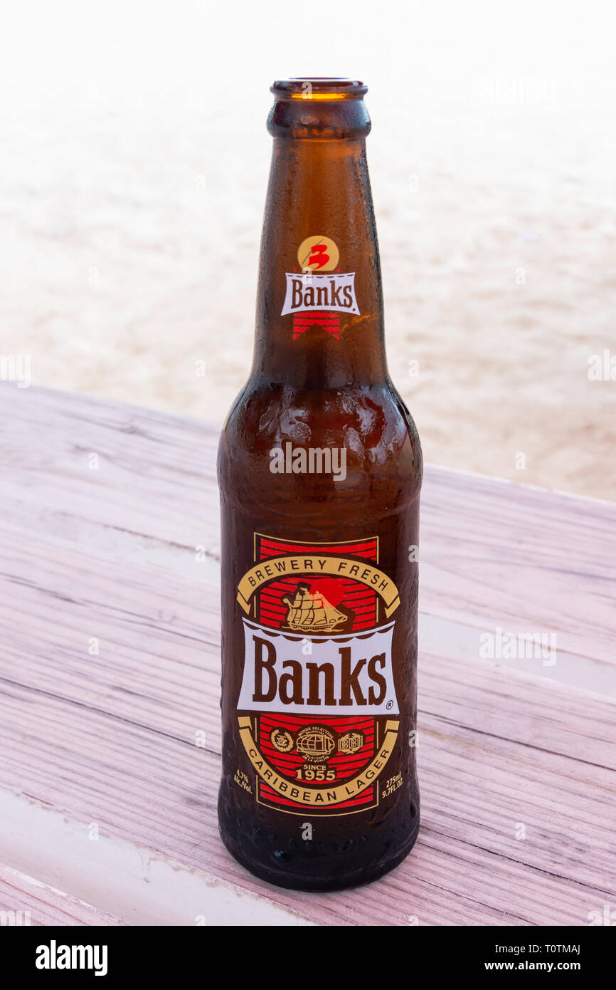 Bottle of Banks Caribbean lager, Carlisle Bay, St Michael Parish, Barbados, Lesser Antilles, Caribbean Stock Photo