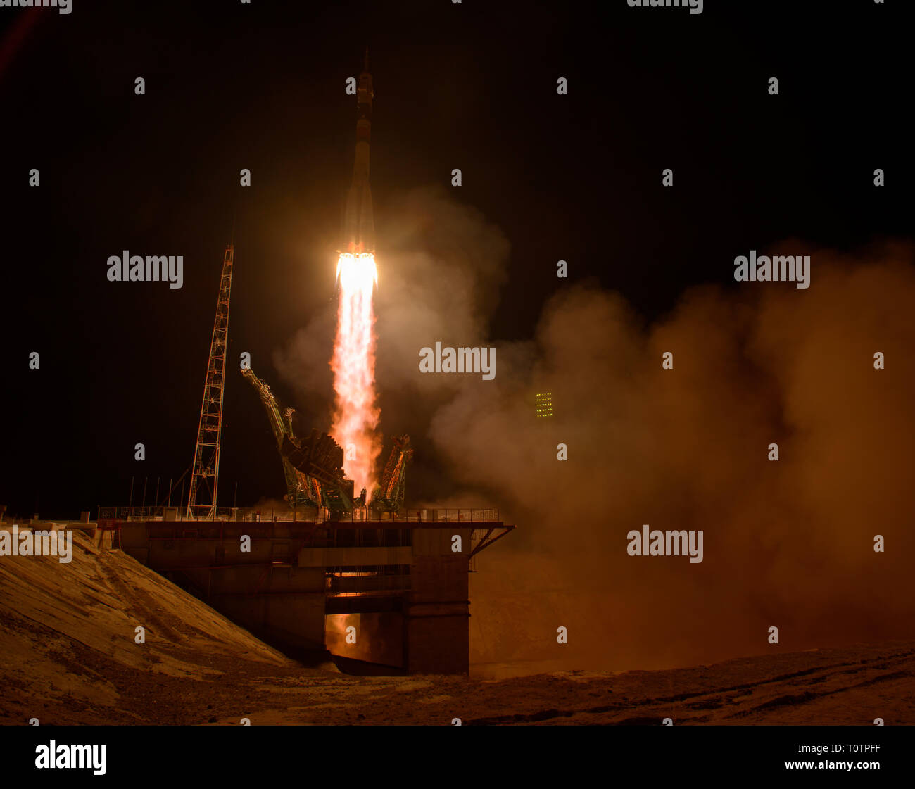 The Russian Soyuz MS-12 rocket blasts off from the Baikonur Cosmodrome March 15, 2019 in Baikonur, Kazakhstan. The Expedition 59 crew: Nick Hague and Christina Koch of NASA and Alexey Ovchinin of Roscosmos will launch March 14th for a six-and-a-half month mission on the International Space Station. Stock Photo