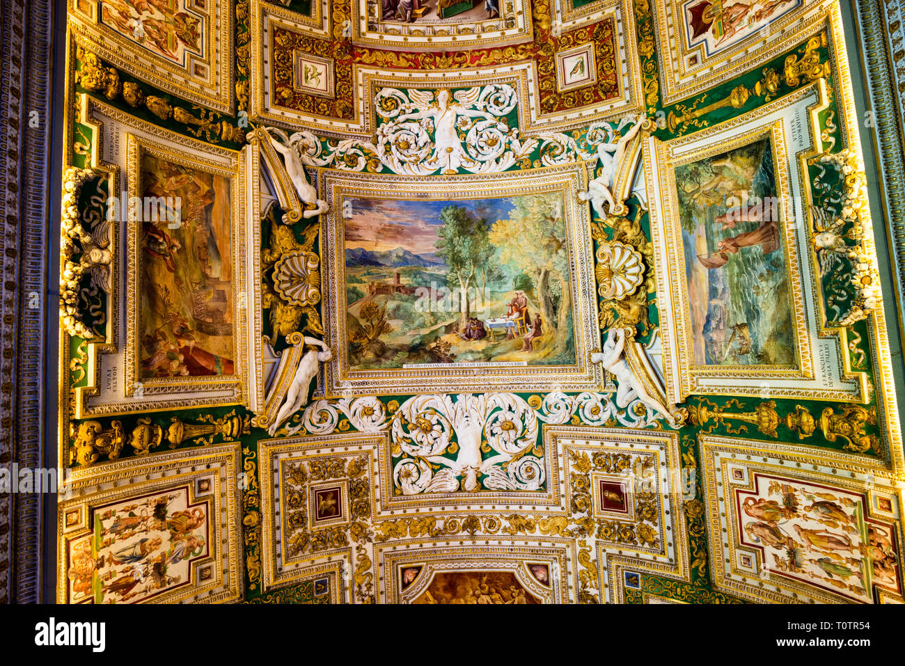 Painted vaulted ceiling of The Gallery of Maps in the Vatican Museums, Vatican City, Rome, Italy. Stock Photo