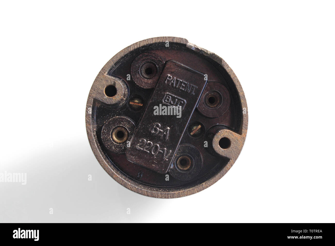 Antique switch on off bakelite back, isolated on white background, close-up Stock Photo