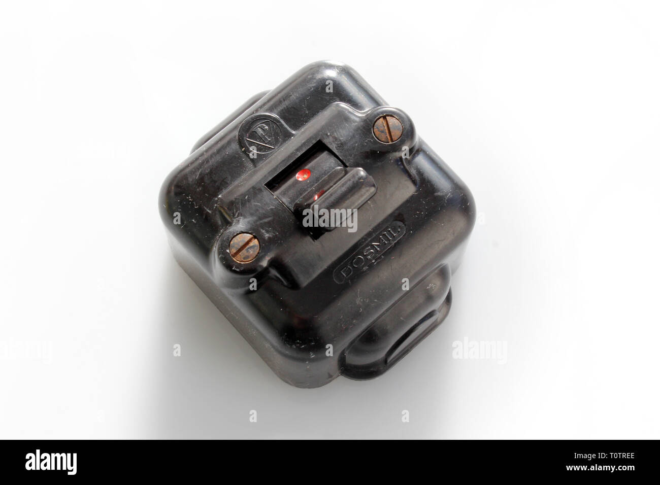 Antique switch on off bakelite, isolated on white background, closeup Stock Photo