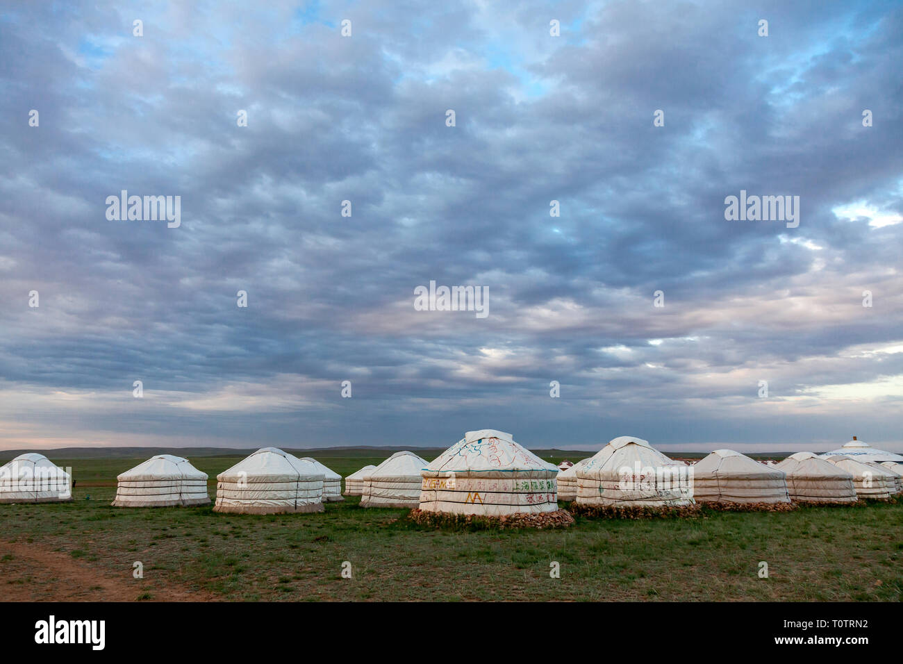 A ger (yurt) camp on the Gegentala grasslands north of Hohhot in Inner Mongolia, China. Stock Photo