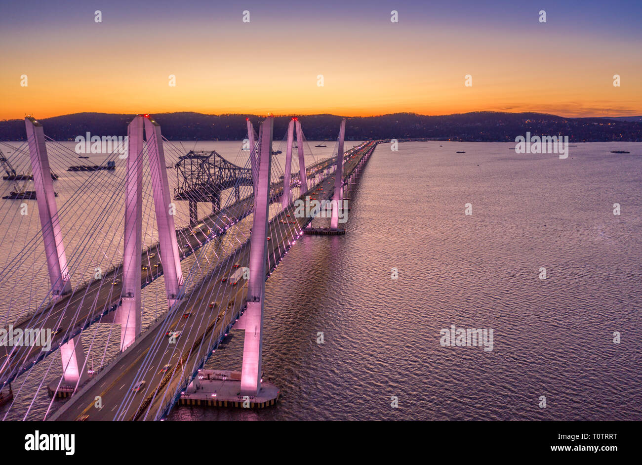 Aerial view of the New Tappan Zee Bridge, spanning Hudson River between Nyack and Tarrytown at dusk (with copy space) Stock Photo