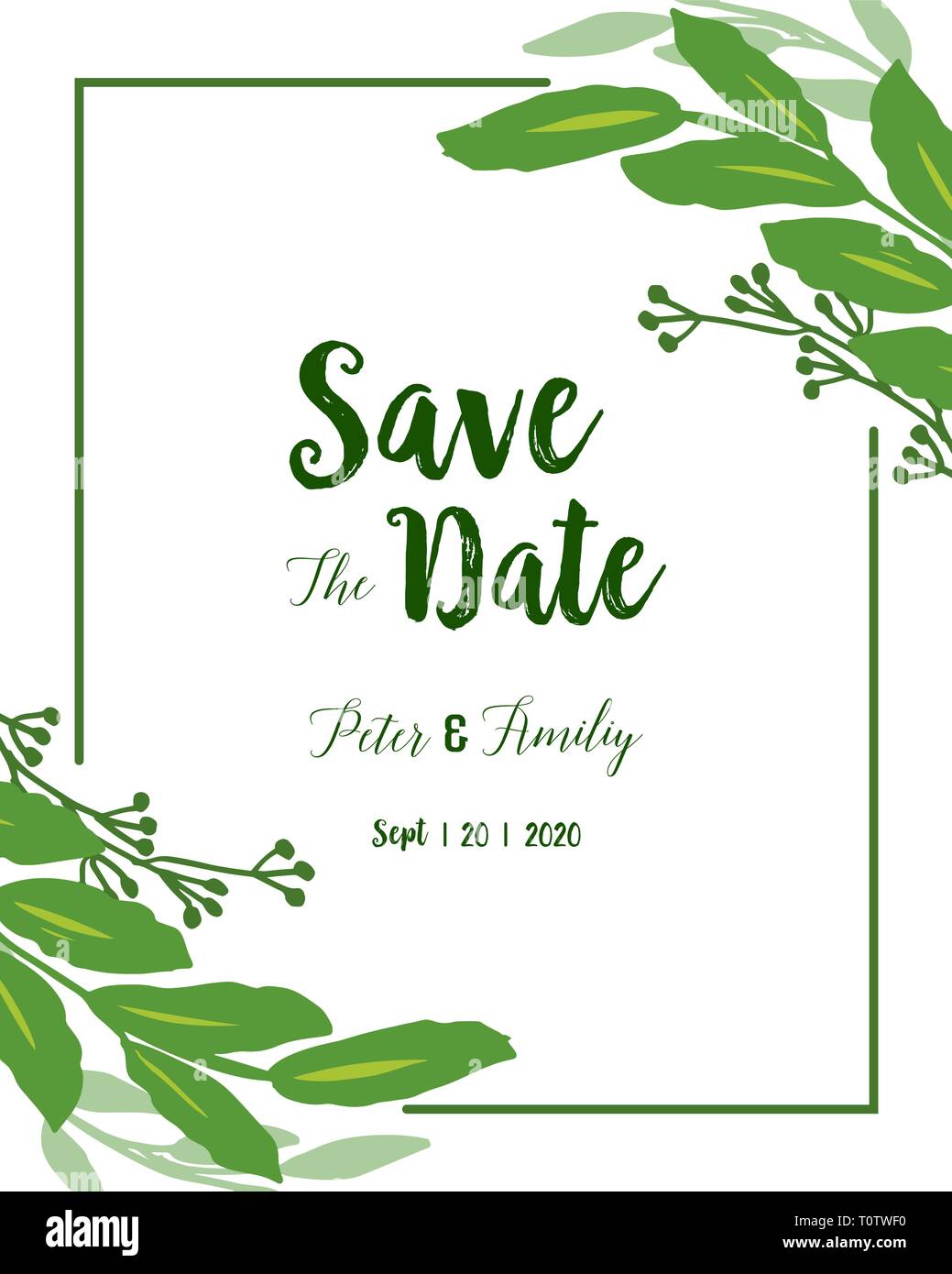 Vector illustration invitation card wedding with green leafy flower ...