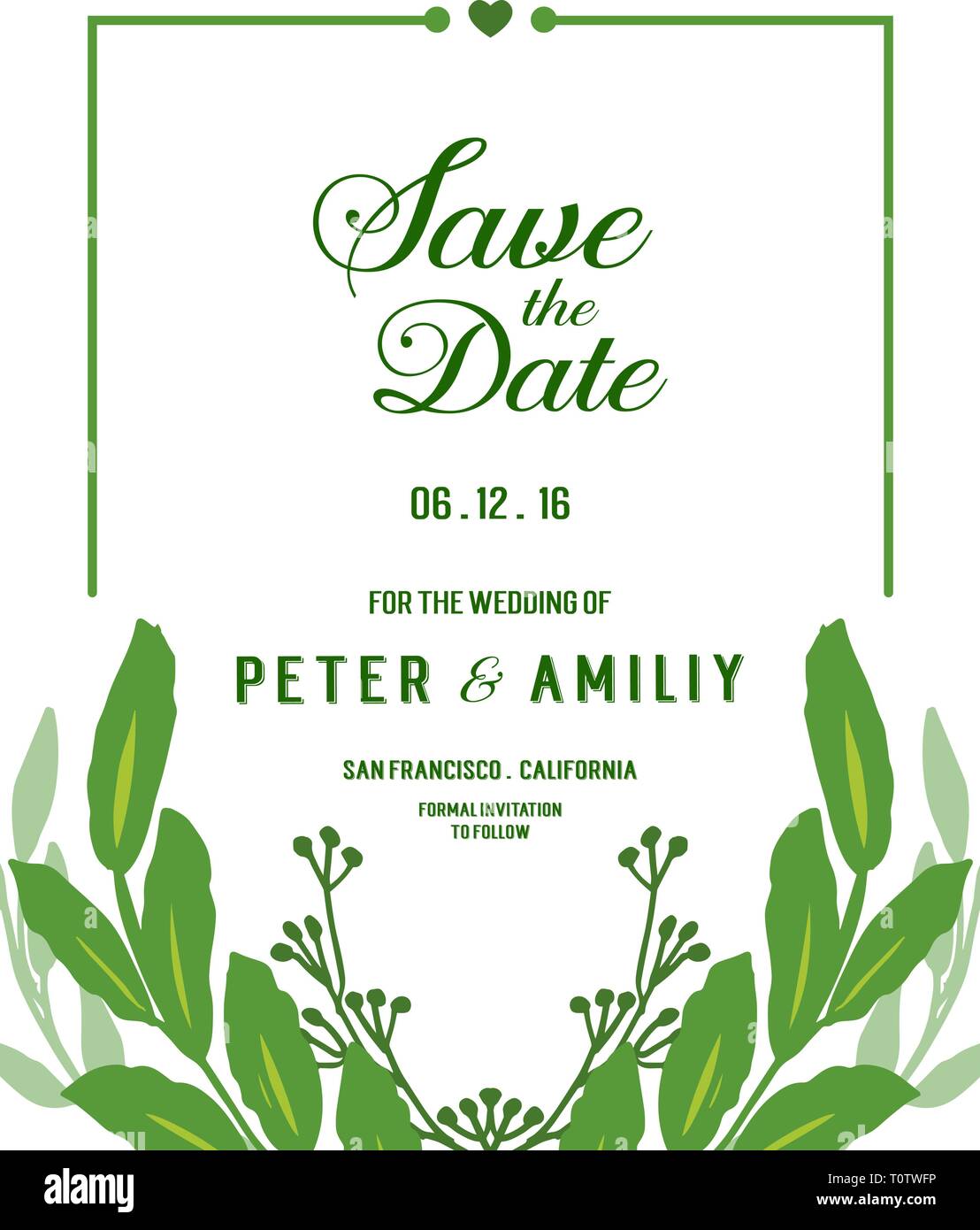 Vector illustration invitation card wedding with green leafy flower ...