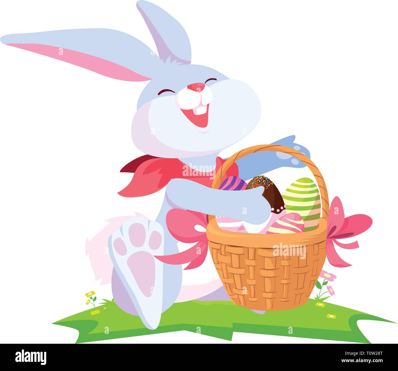 cute rabbit easter with eggs painted in basket vector illustration ...