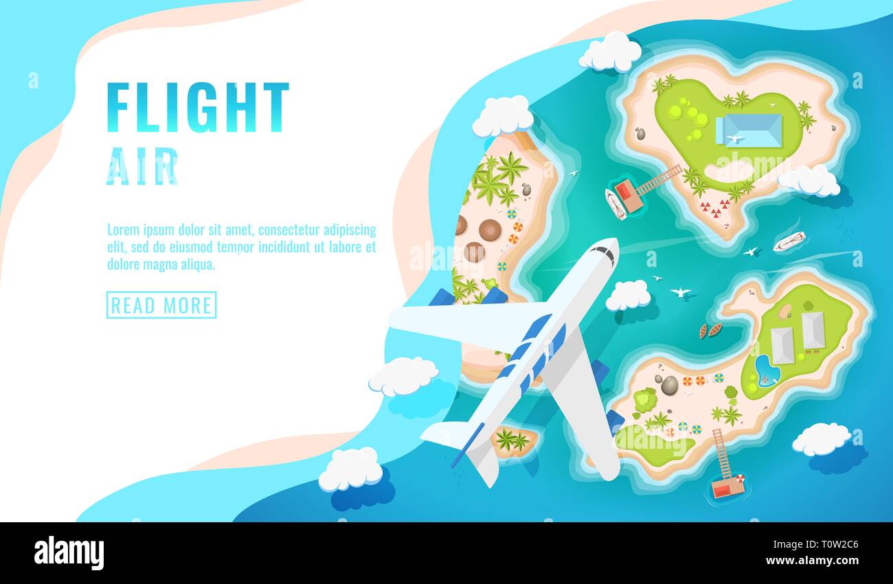 Landing page design, banner with airplane flying over tropical island, top view., passenger aircraft, plane, tourism concept, vector Stock Vector