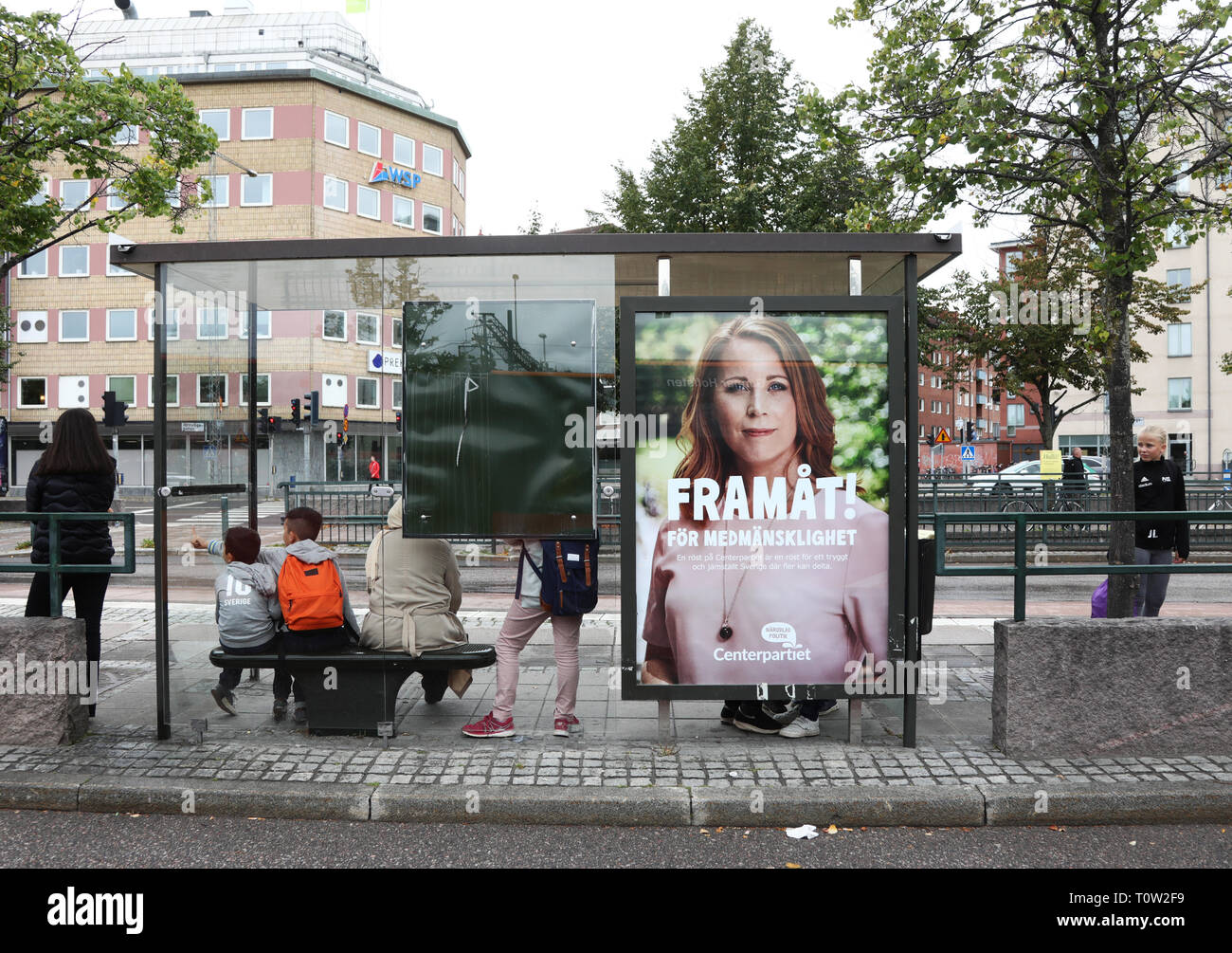 The Swedish election. Autumn 2018. Message at bus stops from different parties. Photo Jeppe Gustafsson Stock Photo