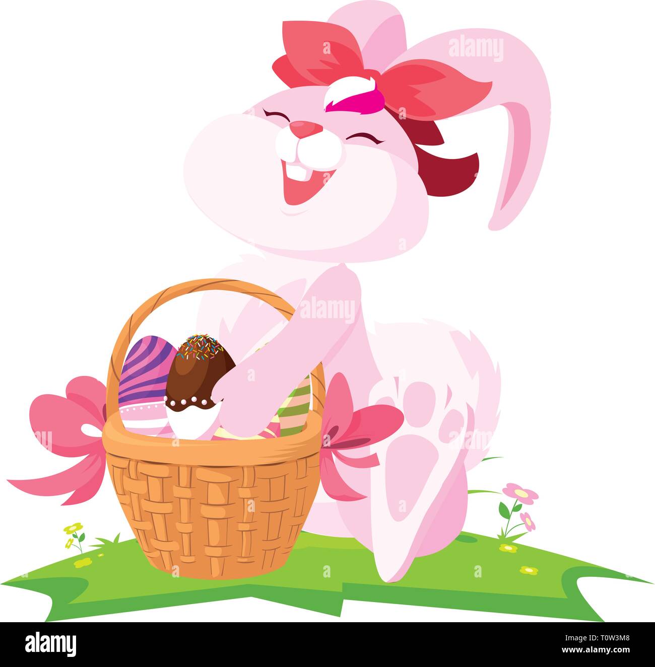 cute rabbit easter female with eggs painted in basket vector ...