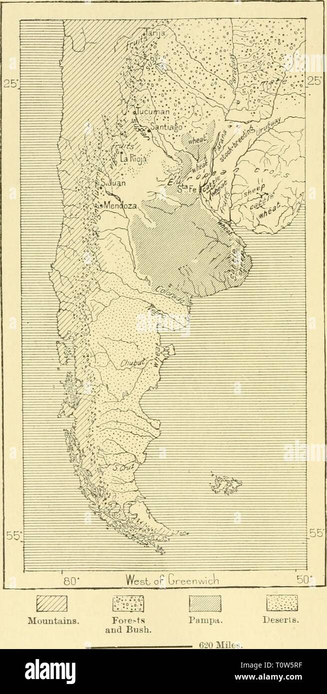 The earth and its inhabitants The earth and its inhabitants ..  earthitsinhabita293recl Year: 1893  4G8 AMAZONIA AND LA PLATA. Fig. 183. —PiiODUCTivE Lands of Akgentina. Scale 1 : 32,000,000. the free range of these animals became the chief obstacle to husbandry in its initial state. The settlers had constantly to keep guard round about their enclosures, and often failed to drive off the trespassing herds before all their crops were hopelessly ruined. Hence constant wranglinws and heartburnings, which were at times followed by armed conflicts between the colonists and the cattle-owners. The fo Stock Photo