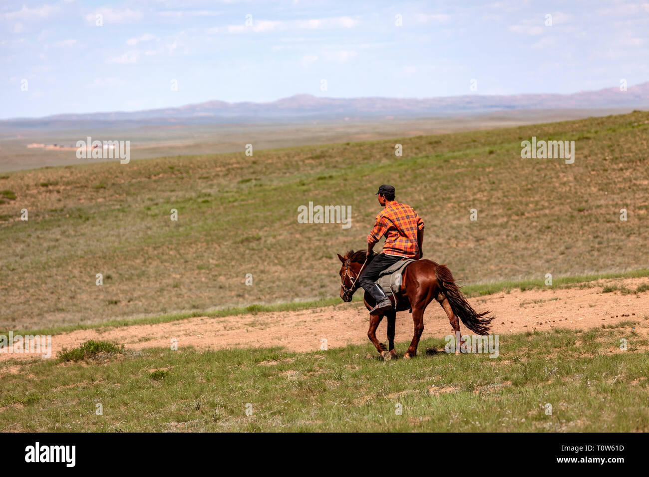 Horse and rider at the Gegentala grasslands north of Hohhot in Inner Mongolia, China. Stock Photo