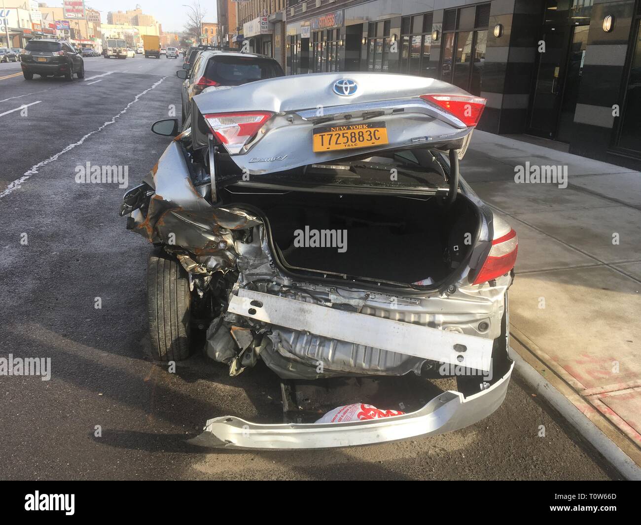 Back of a car that was rear ended in an accident in Brooklyn, New York. Stock Photo