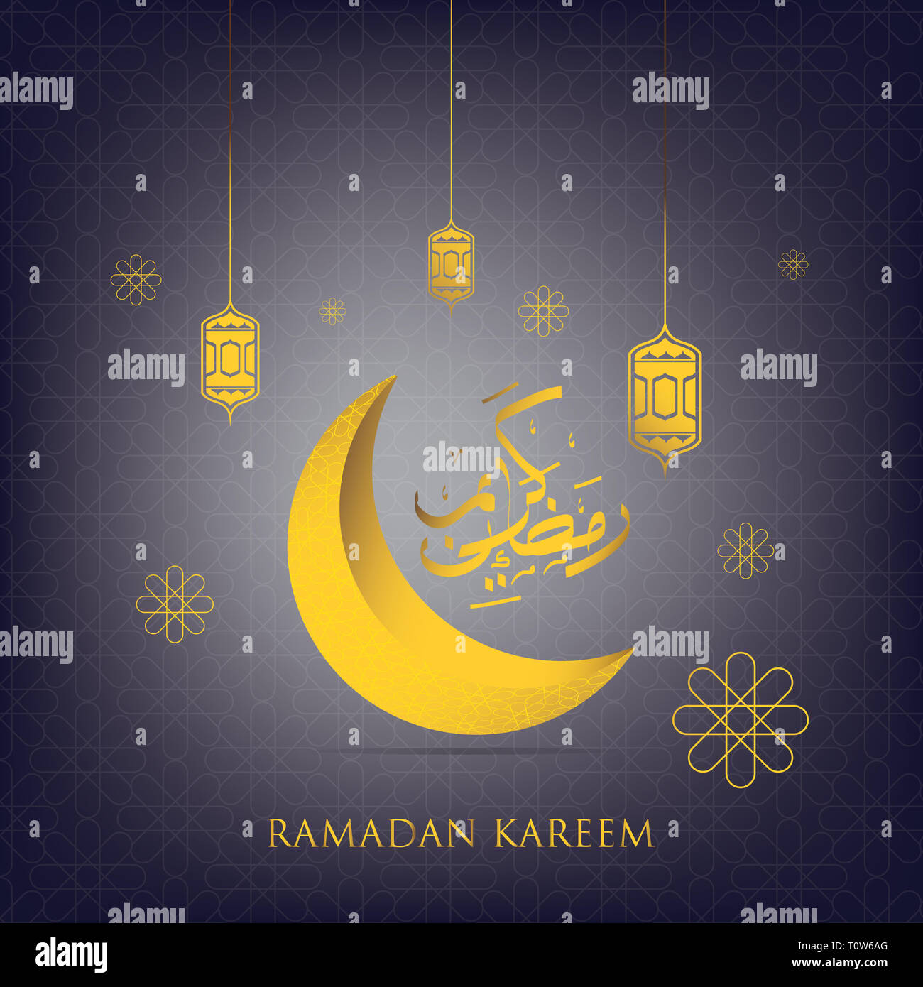 Ramadan kareem arabic calligraphy greeting with crescent and lanterns Stock Photo