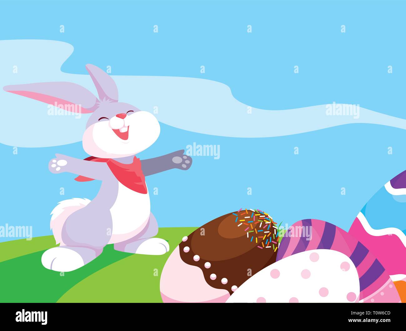cute rabbit easter with eggs painted in the garden vector illustration ...