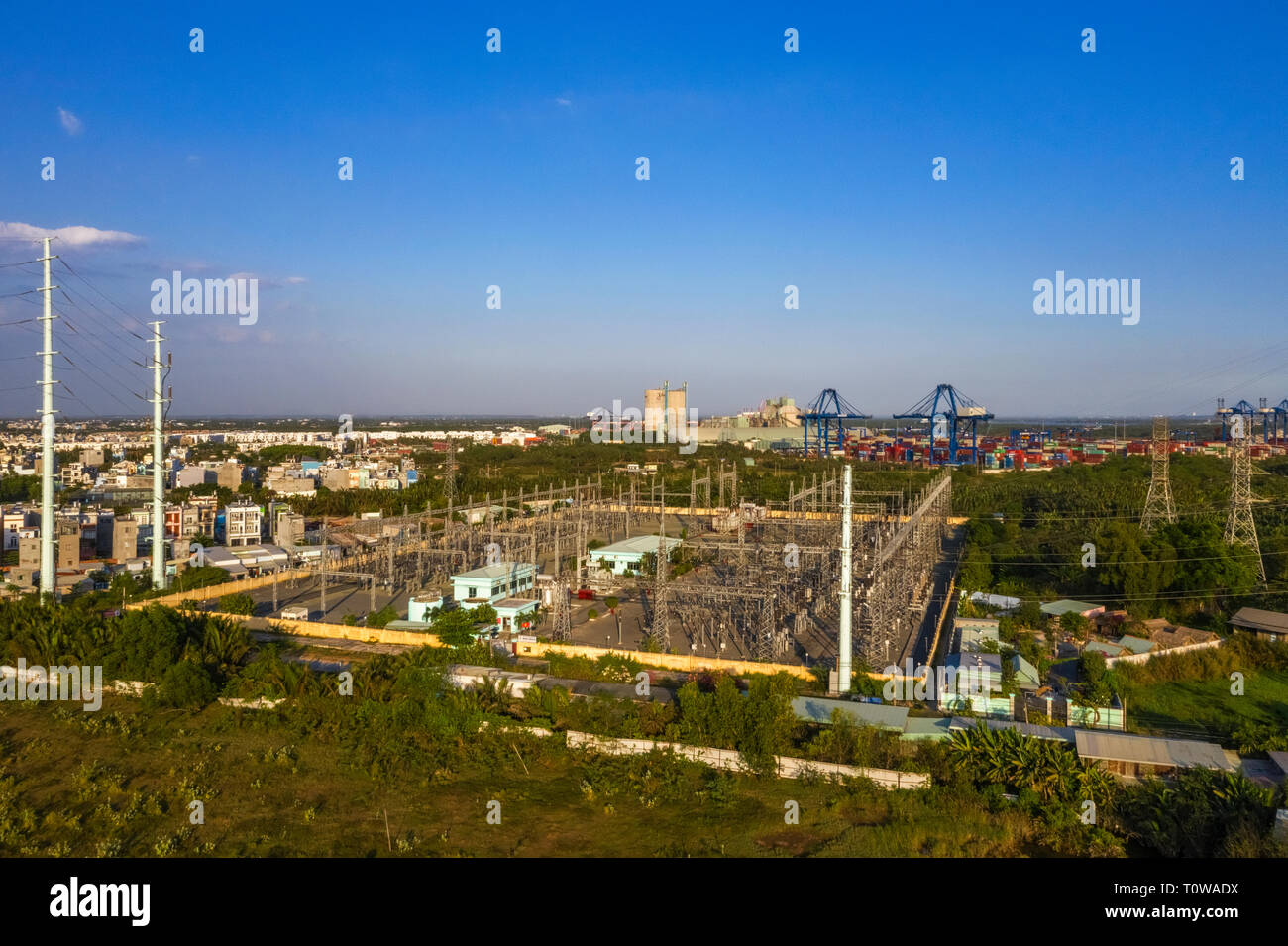 Aerial view of Cat Lai substation in Ho Chi Minh City center with energy power infrastructure in developed Vietnam Stock Photo