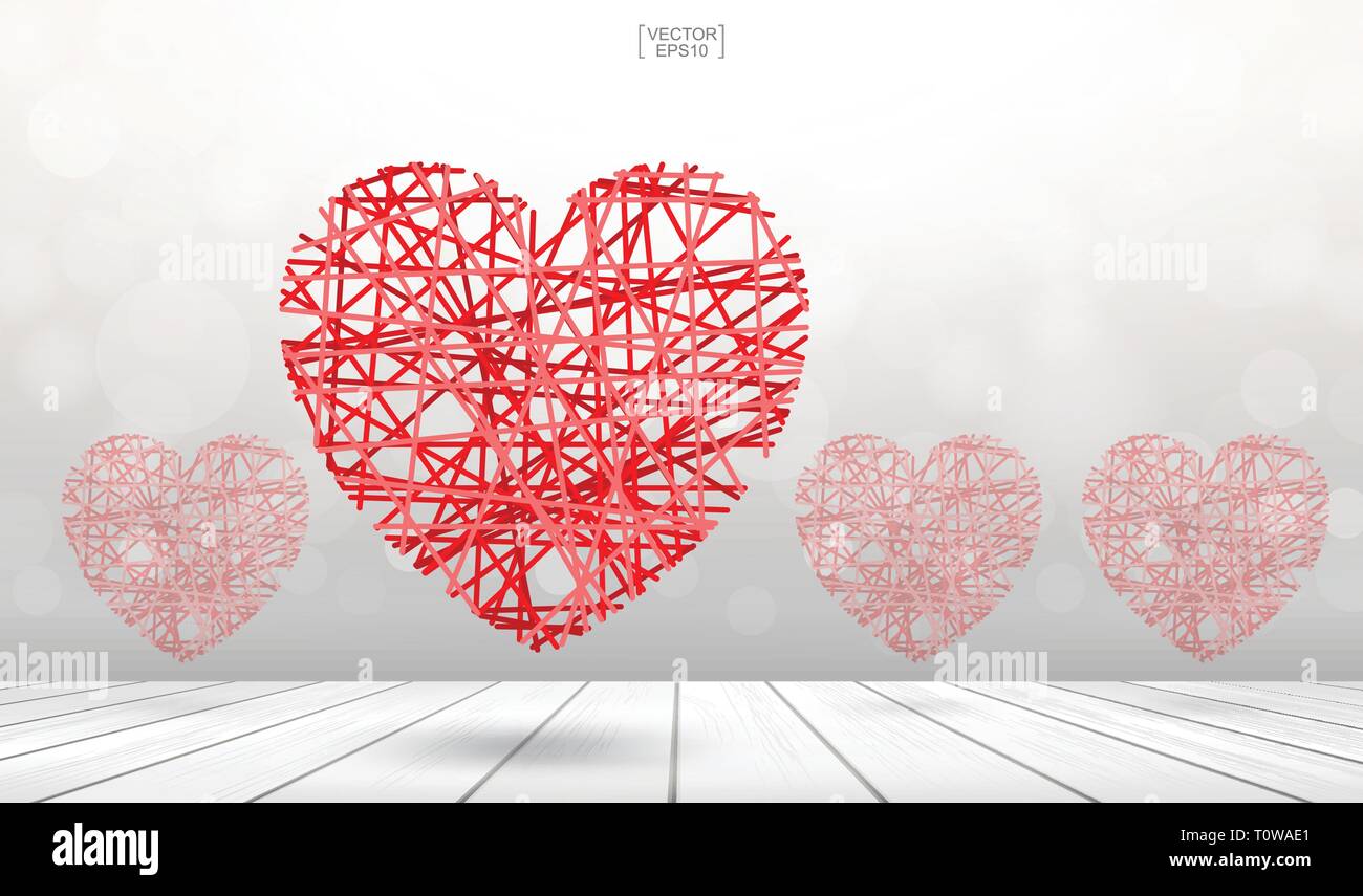 Abstract red heart floating over wooden floor texture with light ...